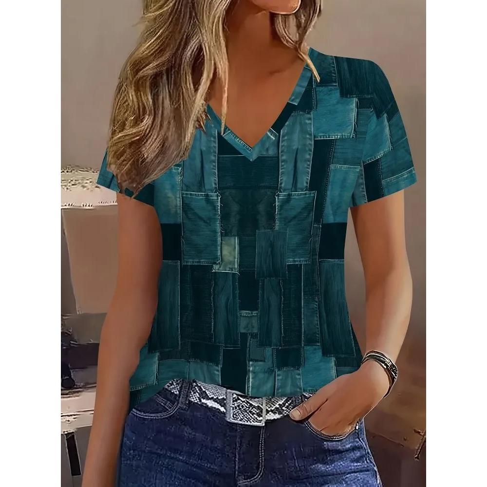 Creative Colorful Stripe Pattern Summer Soft Fashionable Comfortable Women's T-Shirts Casual Breathable Loose V-Neck Short-Sleeve T-Shirt