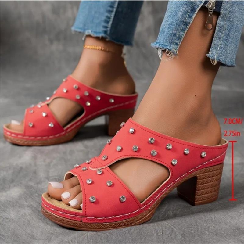 Women’s Platform Rhinestone Roman Block Heel Slide Sandals