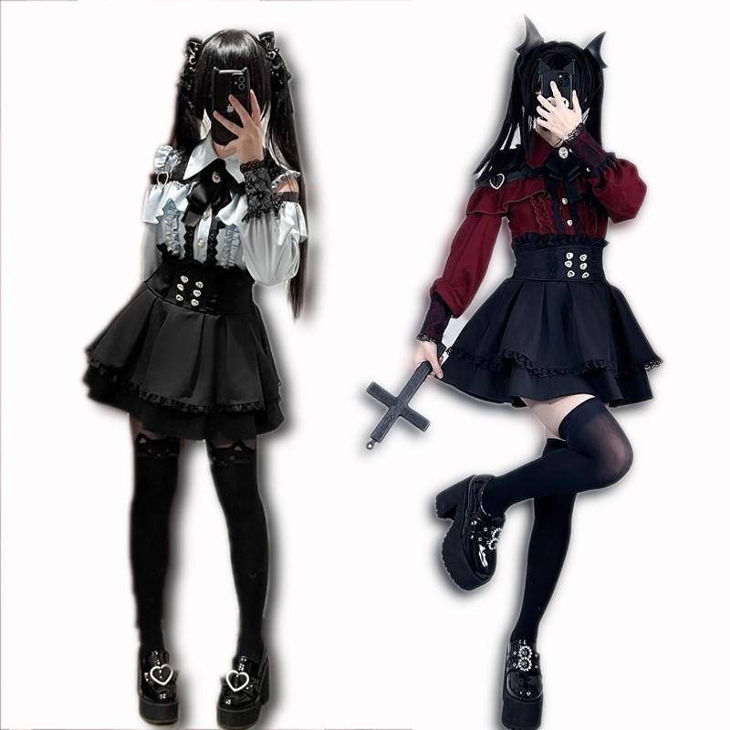 Jirai kei Outfit Lolita Dívčí Blůza Dámská Košile s Dlouhým Rukávem Kawii Mašle Černé Sukně Košile Y2K Sladký Japonský Dámský Styl Set