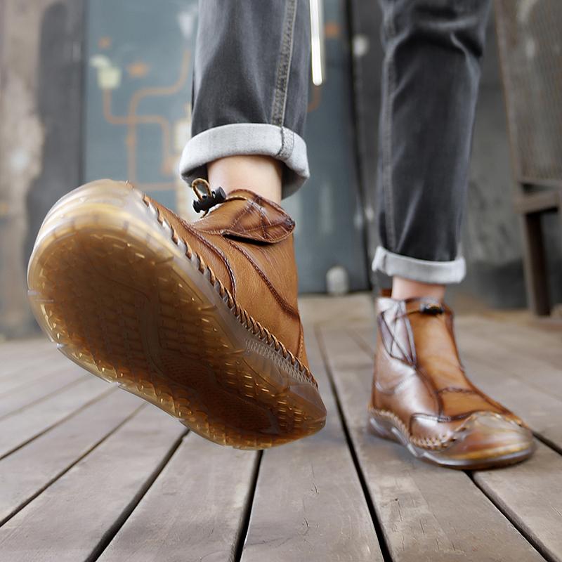 Men Handmade Casual Hiking Boots Outdoor Brown High Top Wide Palm Driving Shoes Large Size