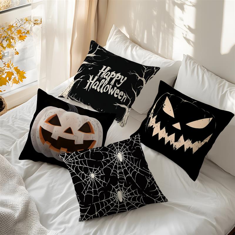 Home Decor Halloween Themed Pumpkin & Spider Web Pillows Pattern Cushion Cover Suitable For Sofa Bedroom Car Pillow Cover