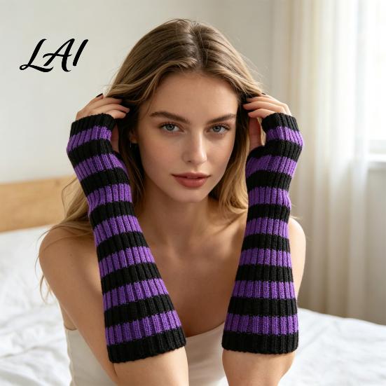 Fashionable Fall Arm Covers Striped Knitted Warmers for Women Fingerless Sleeves Soft Wrist Thermal Autumn Winter Fashion Accessories Girls