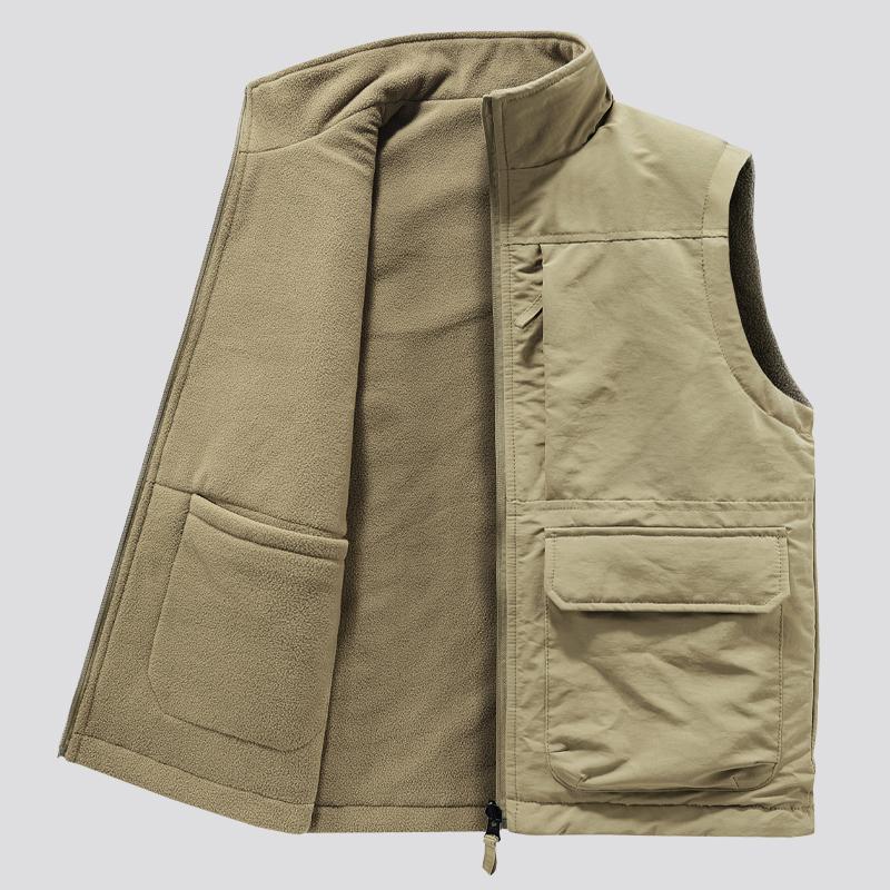 Mens Double-Sided Camping Vests Warm Fleece Multi-Pocket Utility Casual Tactical Outerwear Outdoor Hiking Cargo Cotton Vests