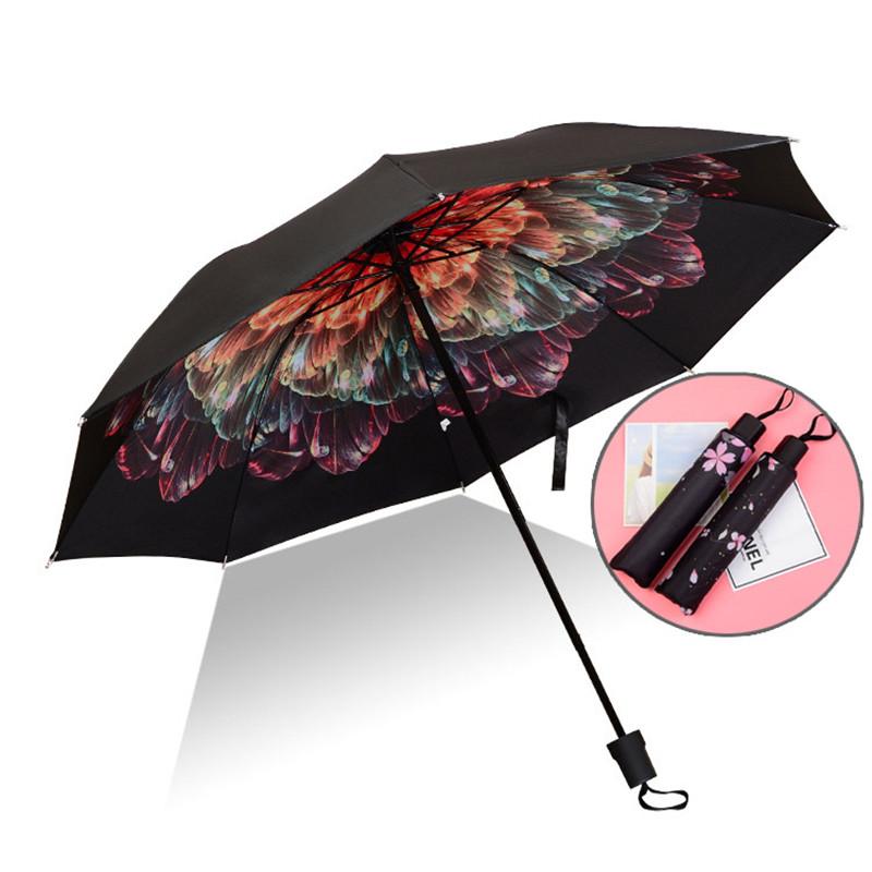 Umbrelă cu trei stele Rainy Sunny Umbrelă de soare din vinil Umbrelă anti-UV Umbrelă pentru femei Rezistent la vânt Echipament de ploaie în aer liber