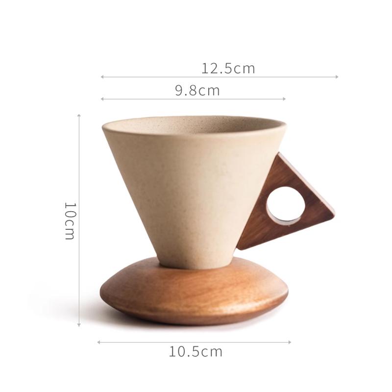 250ML Cone-shaped Ceramic Coffee Cup Coarse Ceramic Cup Wooden Handle Base Retro Afternoon Tea Latte Home Cup Home Decoration 250ML