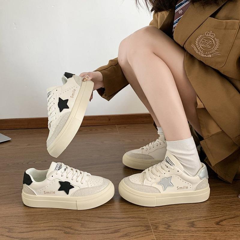 Little White Shoes Women's New Versatile Student Casual Shoes Star Color Matching Round Head Lace-up Sports Board Shoes