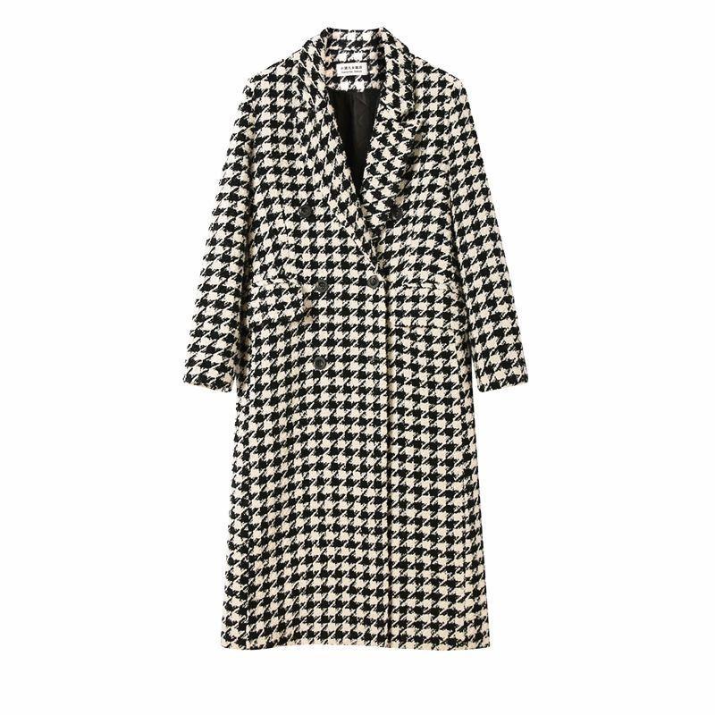Women Autumn Winter Woolen Coat Women Double Breasted Coat Korean Houndstooth Mid-Length Woolen Coat Lady Winter Jacket