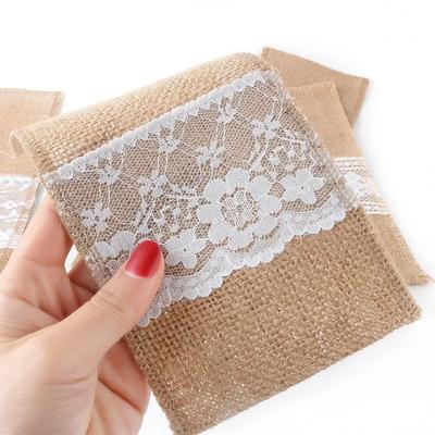 Tableware Cover Rustic Style Linen Lace Cutlery Bag Lace Decorative Fork Bag Burlap Cutlery Pouch Bridal Shower