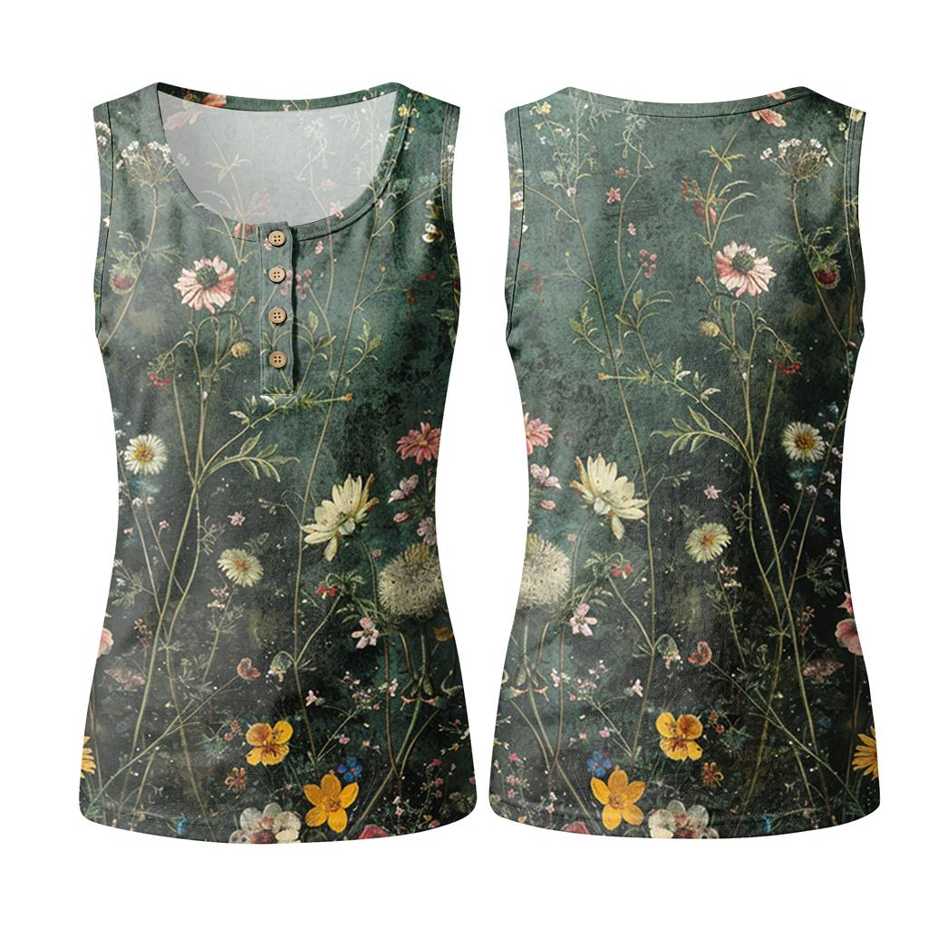 Women's Sleeveless Floral Print Tank Top U-Neck Button Detail Casual Summer Blouse Lightweight Comfortable Fit
