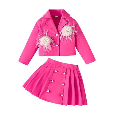 Girls Solid Color College Style Suit Autumn New Three-dimensional Flower Blazer + Pleated Short Skirt