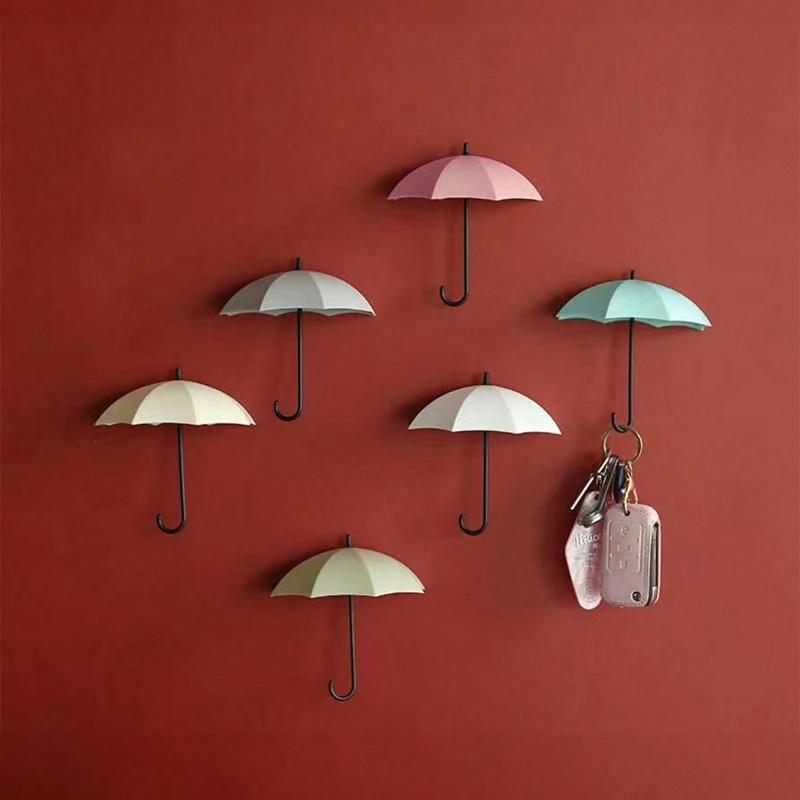 3pcs Cute Small Umbrella Adhesive Hooks, Nail-Free Door Back Keychains, Kitchen And Bathroom Decoration Trace Adhesive Hooks, Umbrella Hooks