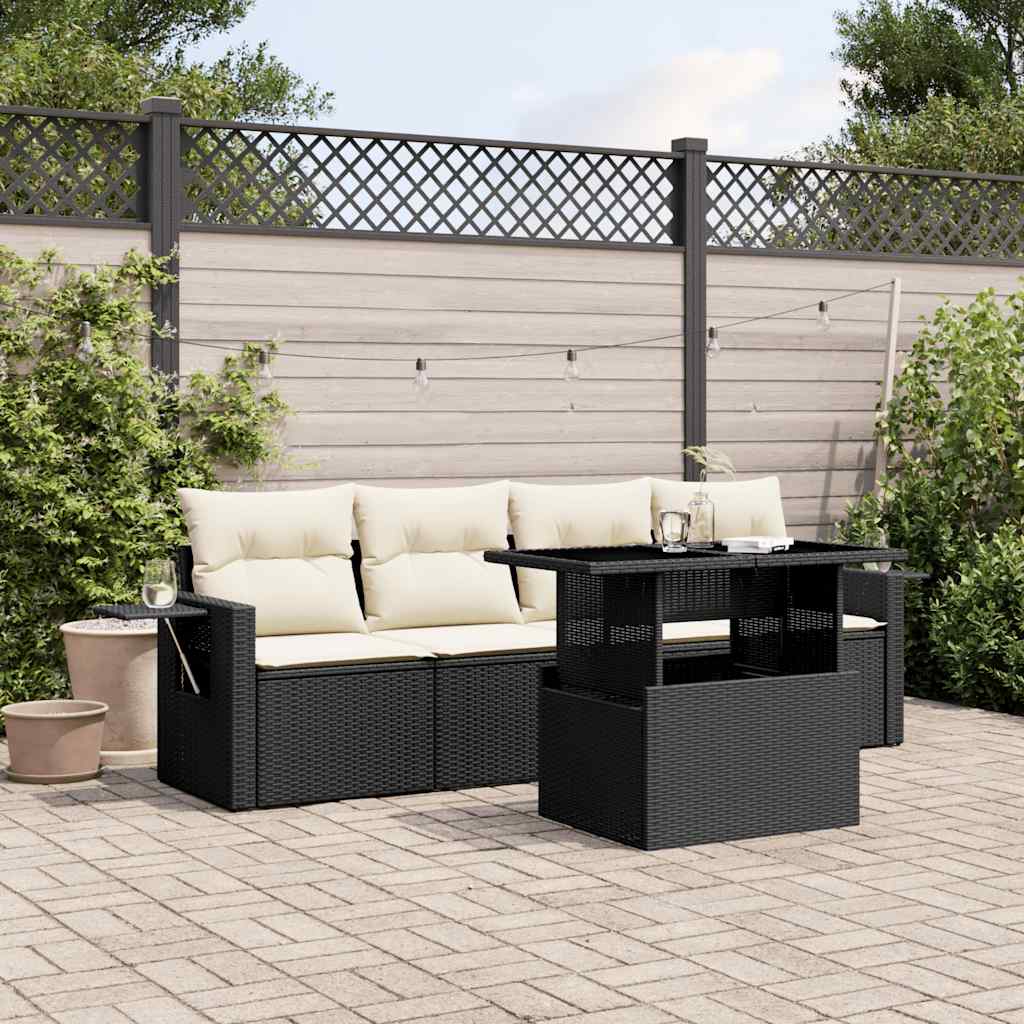 5 Piece Outdoor Sofa Set with Cushions Black PE Rattan