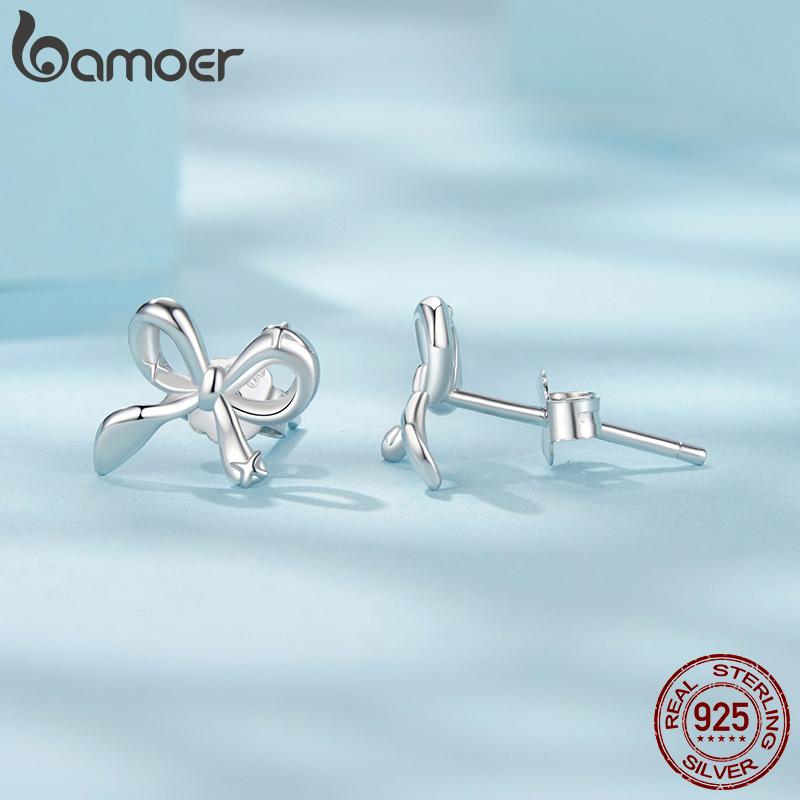 BAMOER 925 Sterling Silver Rosett Örhängen Dam Födelsedagssmycken Enkla Rosett Öronspännen Studentflicka Partygåva