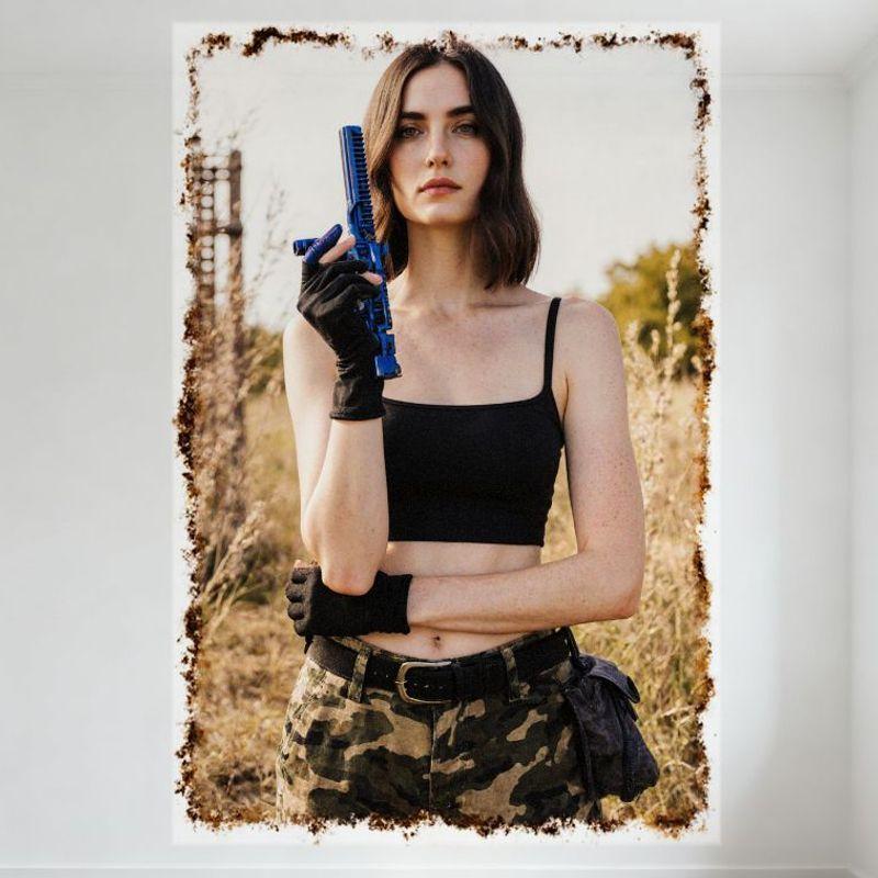 

Sexy Woman with Short Brown Wavy Hair Holding Futuristic Gun Tin Sign Vintage Metal Poster Rustic Outdoor Tower Wall Decor for H 20x30cm（7.8x11.8inch）