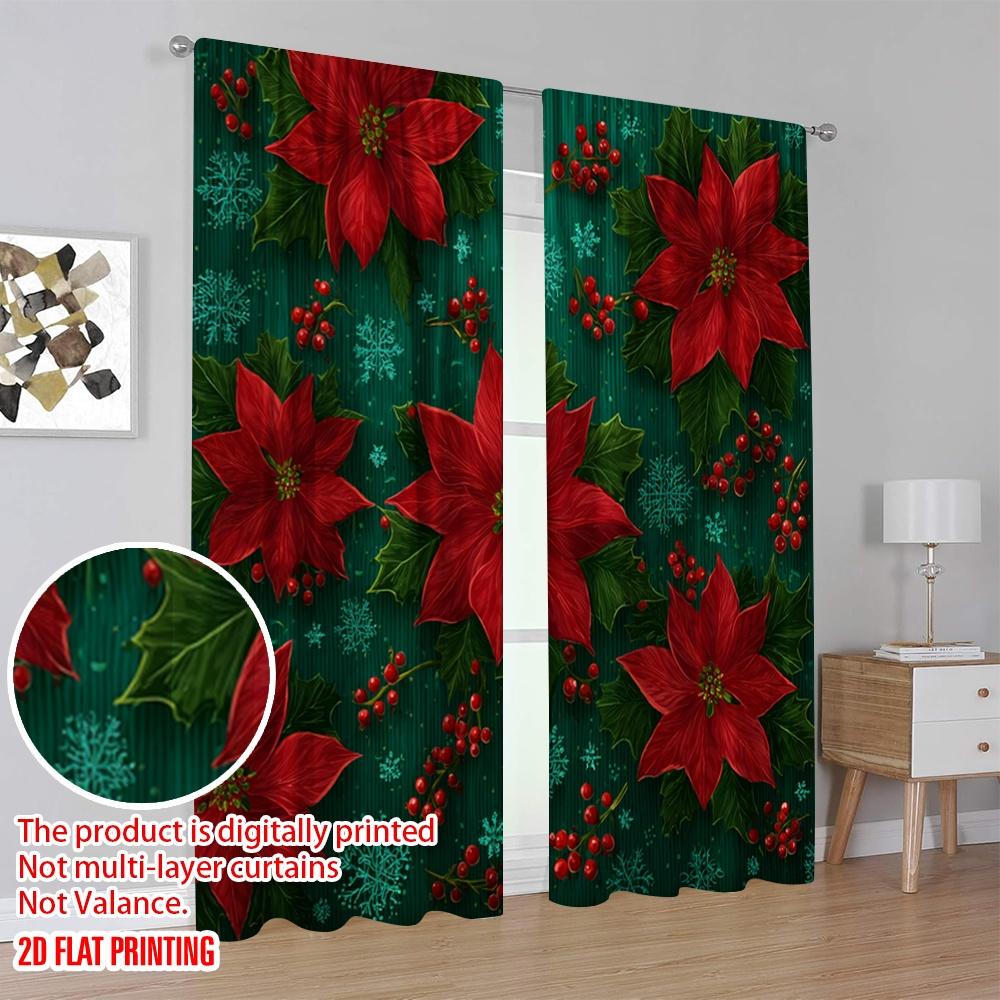 2pcs,2D Plane Printing Curtain Popular Red Poinsettias_ Holly_ Snowflakes & Ornaments Versatile Durable Polyester (without Rod)
