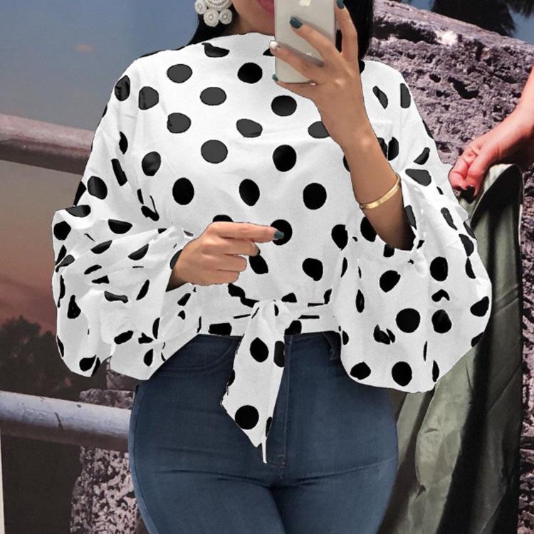 

Polka Dot Lantern Sleeve Blouse: Women s Bow Tie Waist Top Large