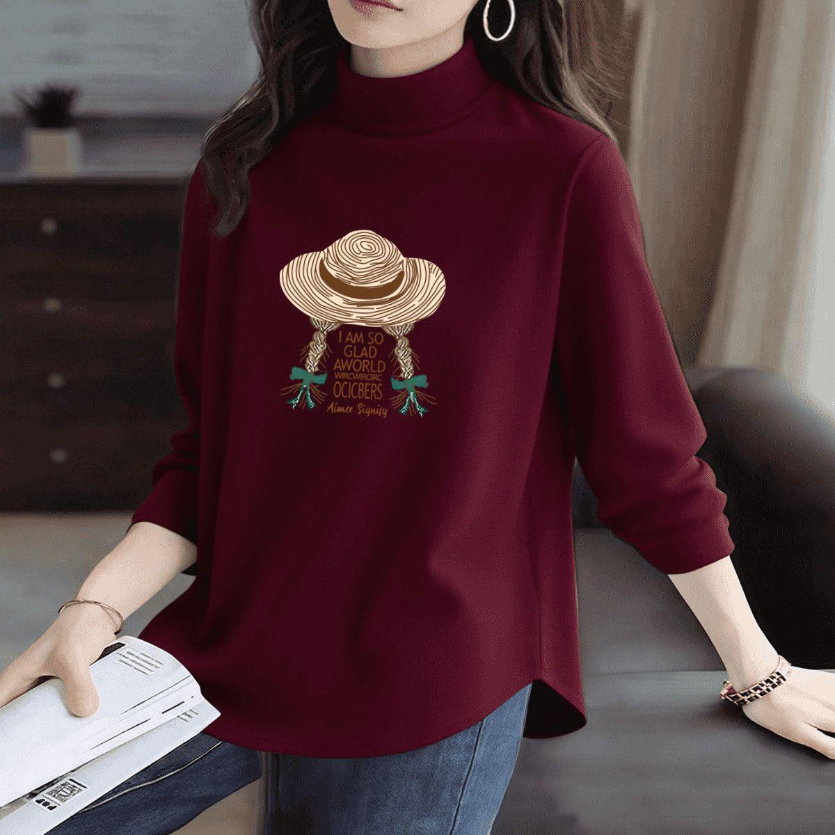 

Women s Stylish Long-Sleeve Base Layer Shirt - Half-High Collar, Plush, Printed, Curved Hem, Comfortable Loose Fit for Autumn and Winter. 2XL - Recommended for 65-72.5 kg