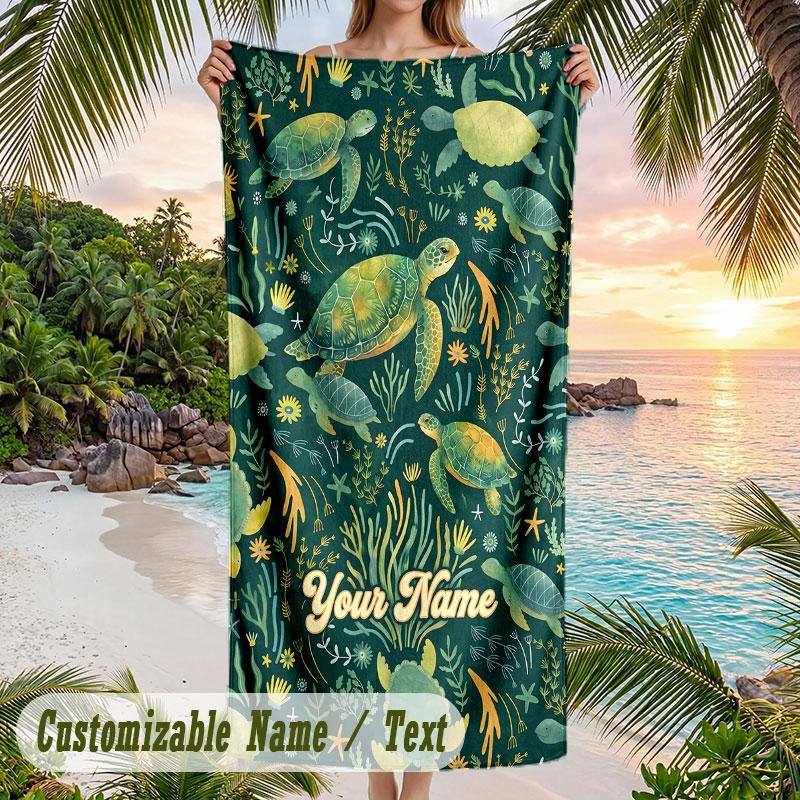 Oceanic Shell Paradise Theme Quick Dry Beach Towel Custom Name Text Print Large Sand Resistant Towel Beach Vacation