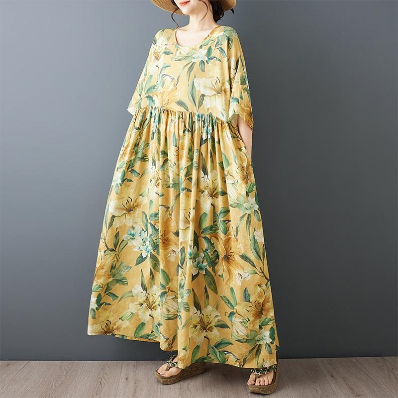 Κοντό μανίκι Plus size Βαμβακερό vintage φλοράλ νέο σε φορέματα για γυναίκες casual φαρδύ μακρύ καλοκαιρινό φόρεμα