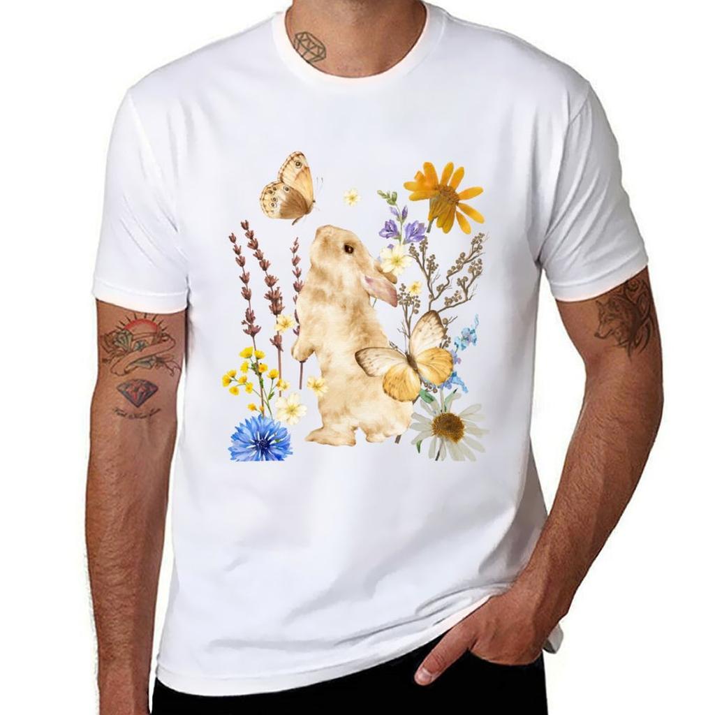 Pretty Rabbit With Colorful Flowers Wildlife Design T-Shirt T Shirts for Man Graphic Vintage T Shirt Man Luxury T-Shirt