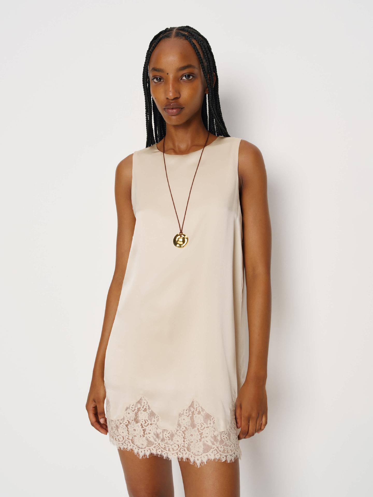 Women s Sleeveless Olive Green Dress with Lace Trim Hem Casual Elegant Midi Dress S