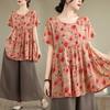 New Printed Spliced Cotton Linen Short Sleeved T-shirt Loose Top for Women