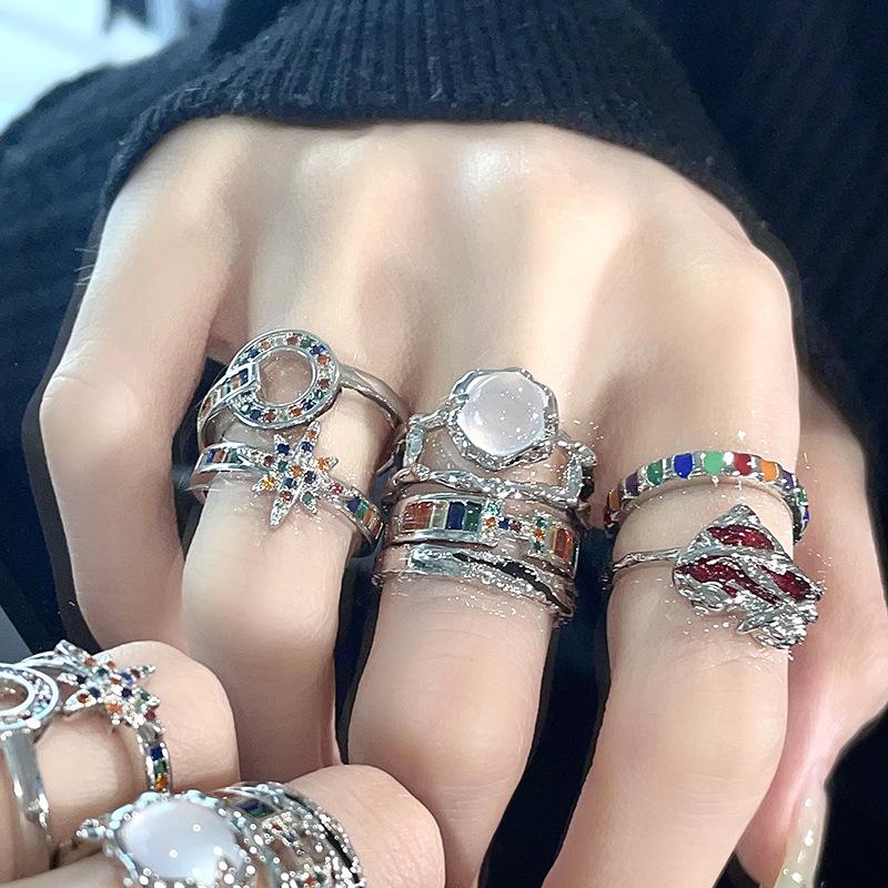 Color Zircon Irregular Pleated Open Ring Cold Wind Personality Light Luxury High Sense Index Finger Ring Woman