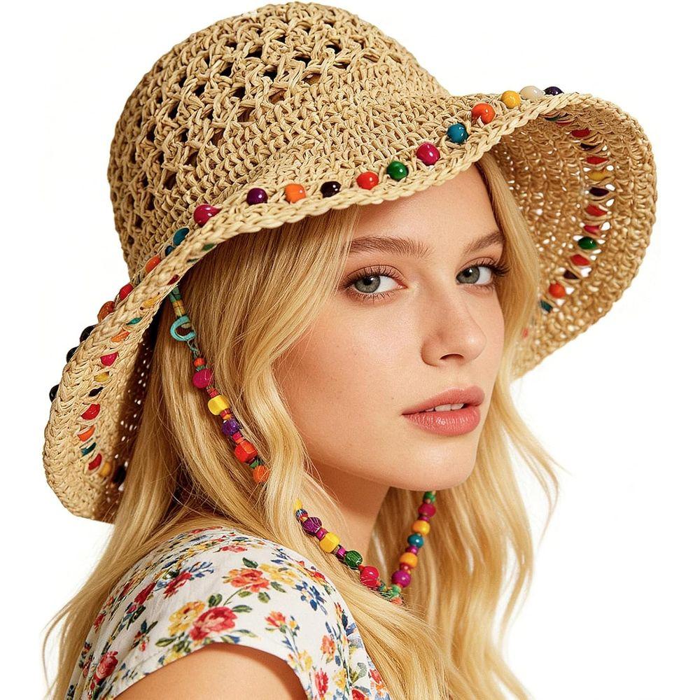 Zealous Sole Women's Packable Boho-Style Rainbow Beaded Summer Wide Brim Hat For Cm
