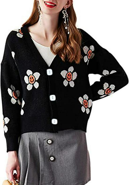 2022 Autumn/Winter Floral Knit V-Neck Cardigan Sweater for Women