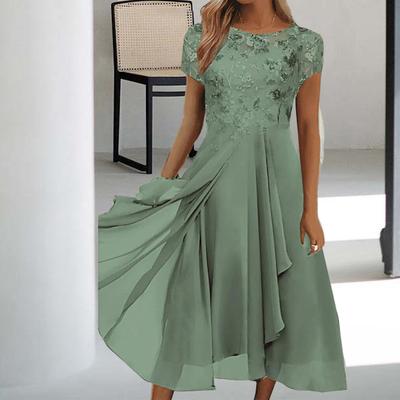 Rundhalsausschnitt Kurzarm Tailleneng Anliegend Hochtailliert Abendkleid Elegante Stickerei Spitze Blumenmuster Chiffon Drapierter Saum A-Linie Midi-Kleid Streetwear