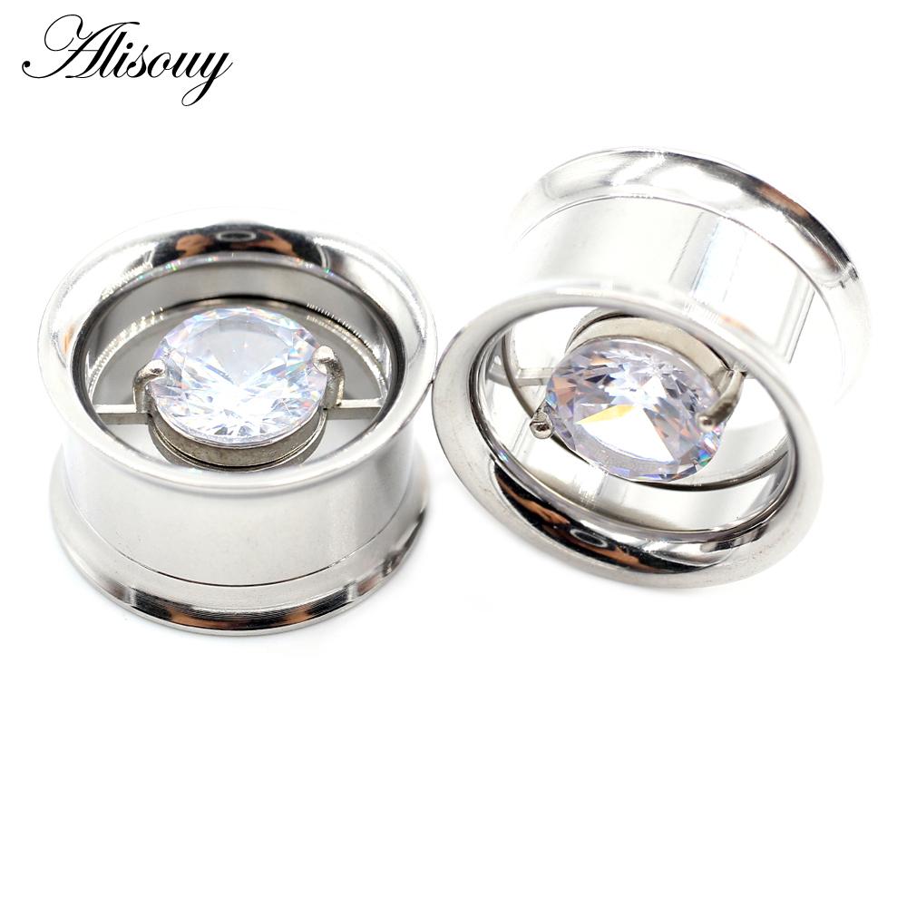 Alisouy 2PCS Stainless Steel Round Heart Zircon Ear Flesh Tunnels Plugs Expander Stretcher Double Flared Gauges Piercing Jewelry