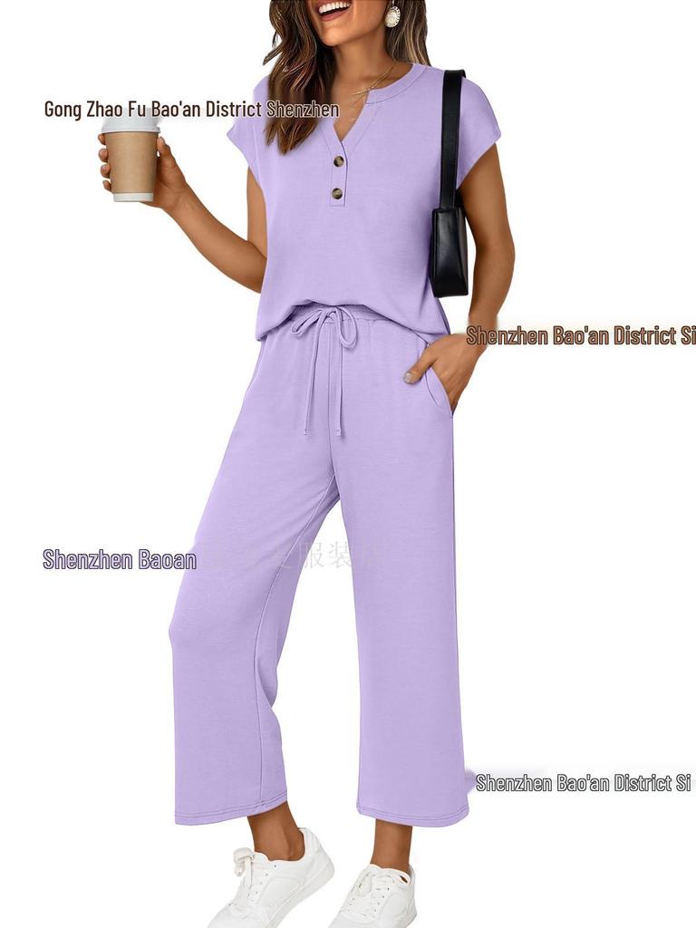 Women's Spring/Summer V-Neck Short Sleeve Buttoned Two-Piece Casual Suit