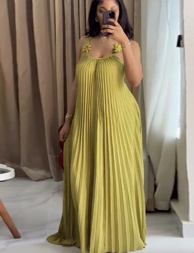 European and American summer new sweet and fresh suspender backless pleated dress long dress