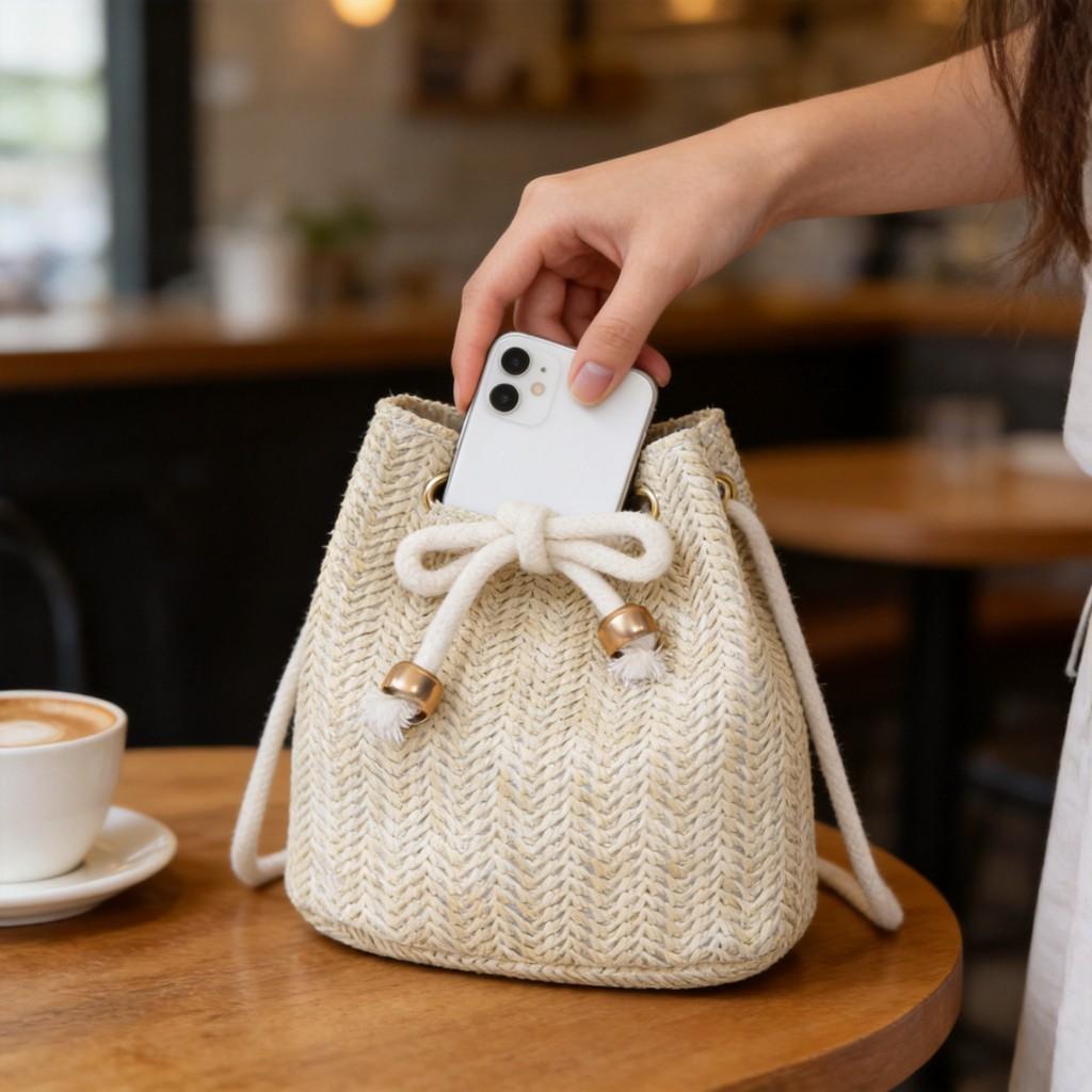 Borsa a secchiello tessuta a mano con chiusura a coulisse per uso quotidiano casual estivo