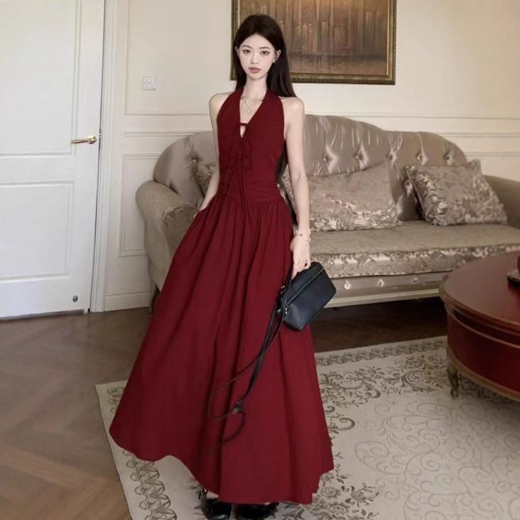 French vacation style red backless sexy sleeveless suspender dress large size thin fairy waist long dress Zixia