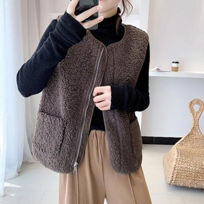 Weste für Damen mit zwei Taschen, ärmellose Strickjacke aus Fleece mit Reißverschluss, lockere Weste in Übergröße mit Rundhalsausschnitt, Weste für den täglichen Schulweg