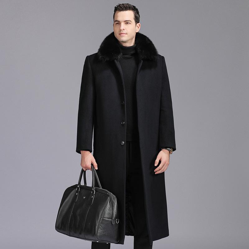 Middle-aged and Elderly Men's Removable Woolen Woolen Woolen Coat with Real Fur Collar and Velvet Thickened Daddy Coat