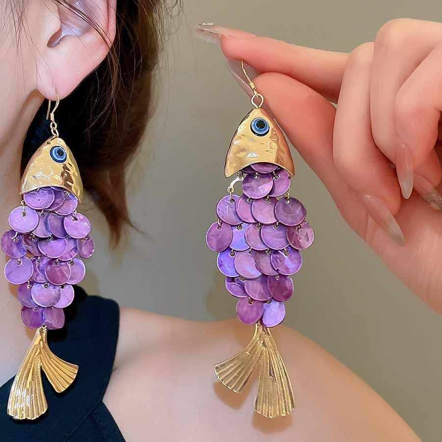 

Exquisite Small Fish Dangle Earrings for Women Exaggerated Purple Shell Long Tassel Earrings Autumn Holiday Jewelry Accessories