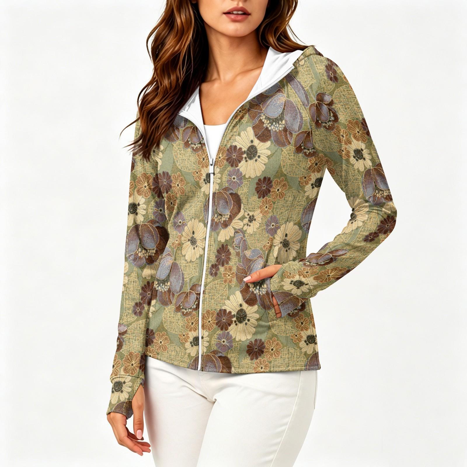 

Women s Long Sleeve Hooded Sun Protection Jacket with Zipper Pockets Floral Print Lightweight Outdoor Layering Top S жовтий