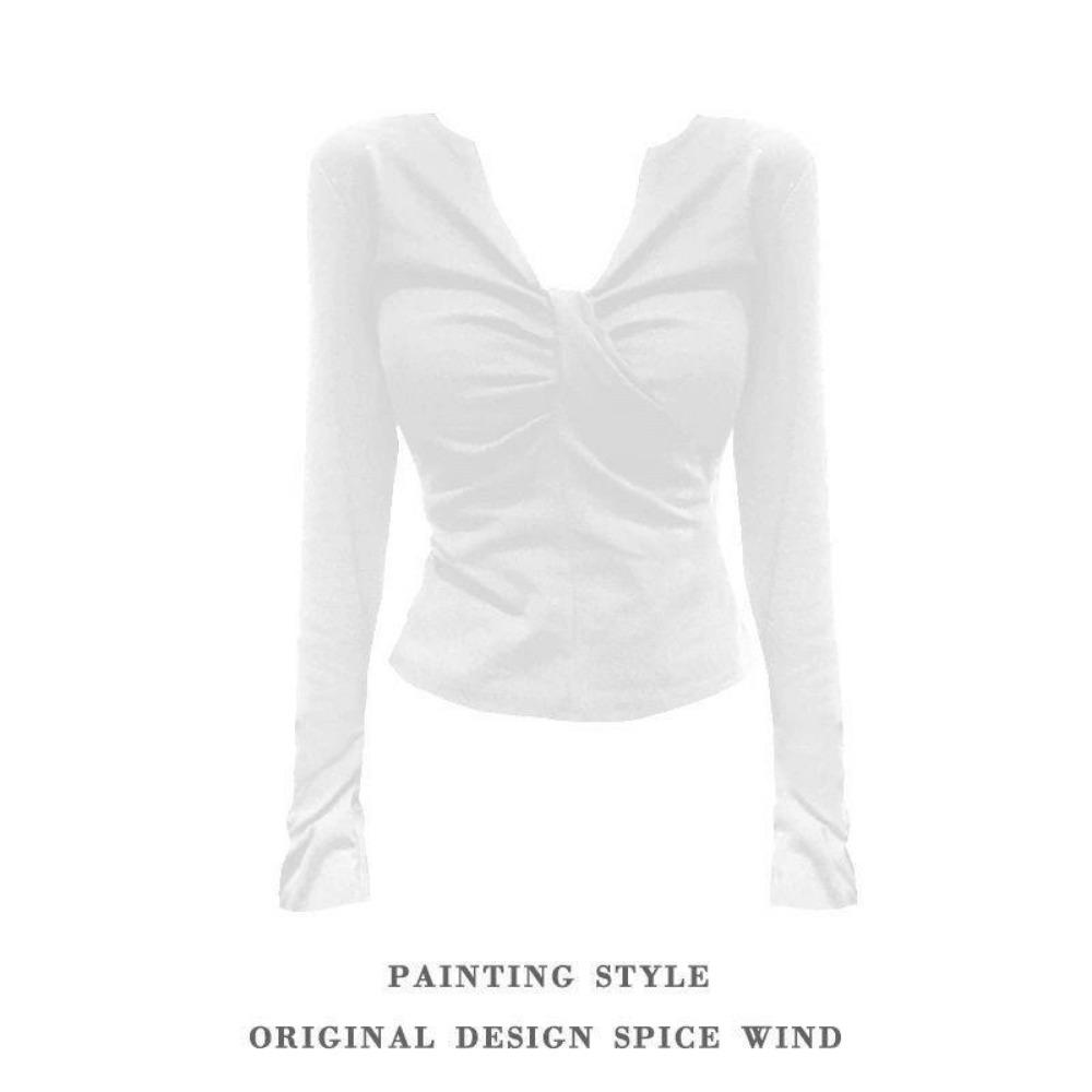 VAYLA Slimming Long Sleeve Black Knit T-Shirt for Women - One-Piece Wrap Around Style with Low Cut - Ins Top Slimming Shape-Wear