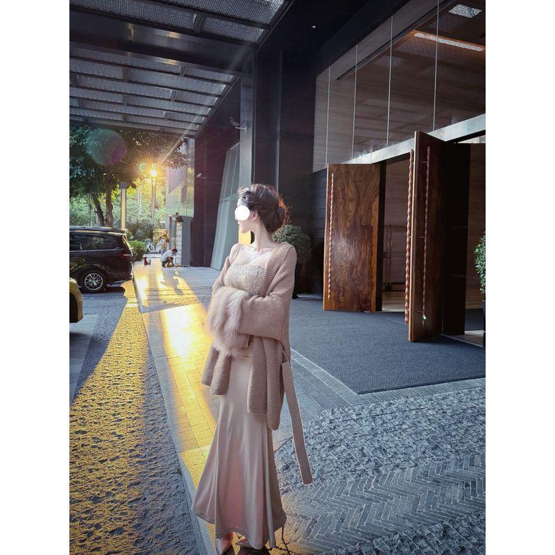 

Pure Desire Hot Girl Lace Strap Dress Women s Early Spring Lazy Fuzzy Sleeve Tie-Waist Sweater Coat Set Sling Dress S