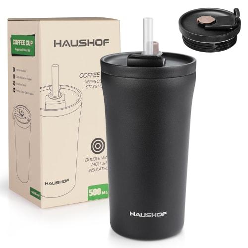 HAUSHOF Vacuum Insulated Tumbler with Straw and Screw-on Lid, 500ml, Spill-Free, Direct Drinking & Straw-Free, Insulated Water Bottle, Stainless Steel