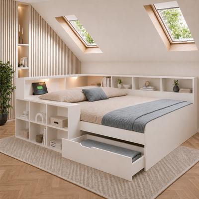 Bed 140x190 Cm with Storage & Reading Light, Wooden Bed, USB Type-C Charging Ports, Drawers & Open Shelf, White (without Mattress)