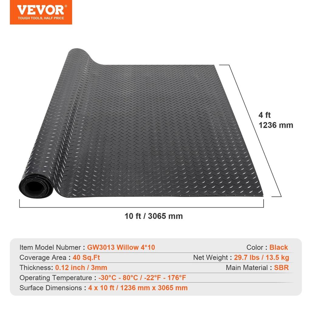 Diamond-Plate Rubber Flooring Roll, 3 mm x 4 ft x 10 ft Garage Floor Mat, SBR Rubber Garage Flooring Roll, Easy to Clean, Diamond Plate Rubber Mat for