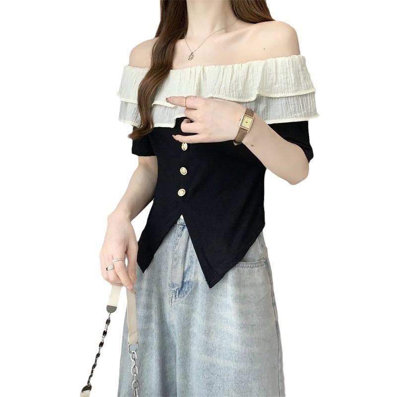 French One-word Shoulder Ruffle Design Short-sleeved Women's Summer Gentle Temperament Is Thin and Beautiful T-shirt Slim Top Ins