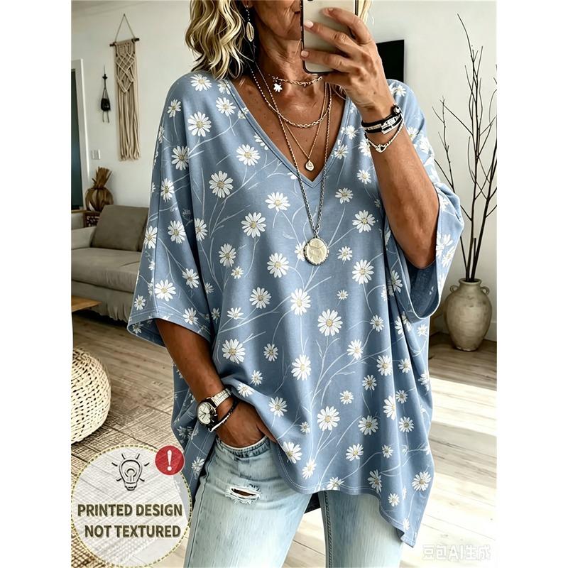 Printed Plus-Size Women's V-Neck Batwing Sleeve T-Shirt Bohemian Ethnic Print Loose Top Summer Comfortable Breathable Daily Commute Casual