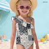 Girls One Shoulder Ruffle One Piece Printed Swimsuit Black Gray White