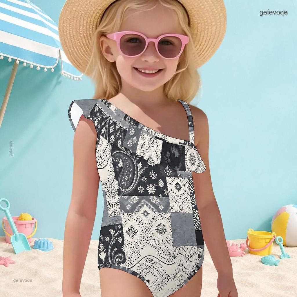 Girls One Shoulder Ruffle One Piece Printed Swimsuit Black Gray White
