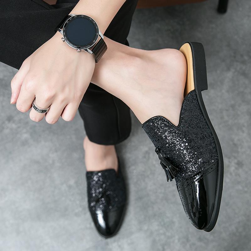 Men's Sandals Clogs Summer Flats Dress Shoes Black Sandals Casual Backless Gold Leather Shoes Large Size