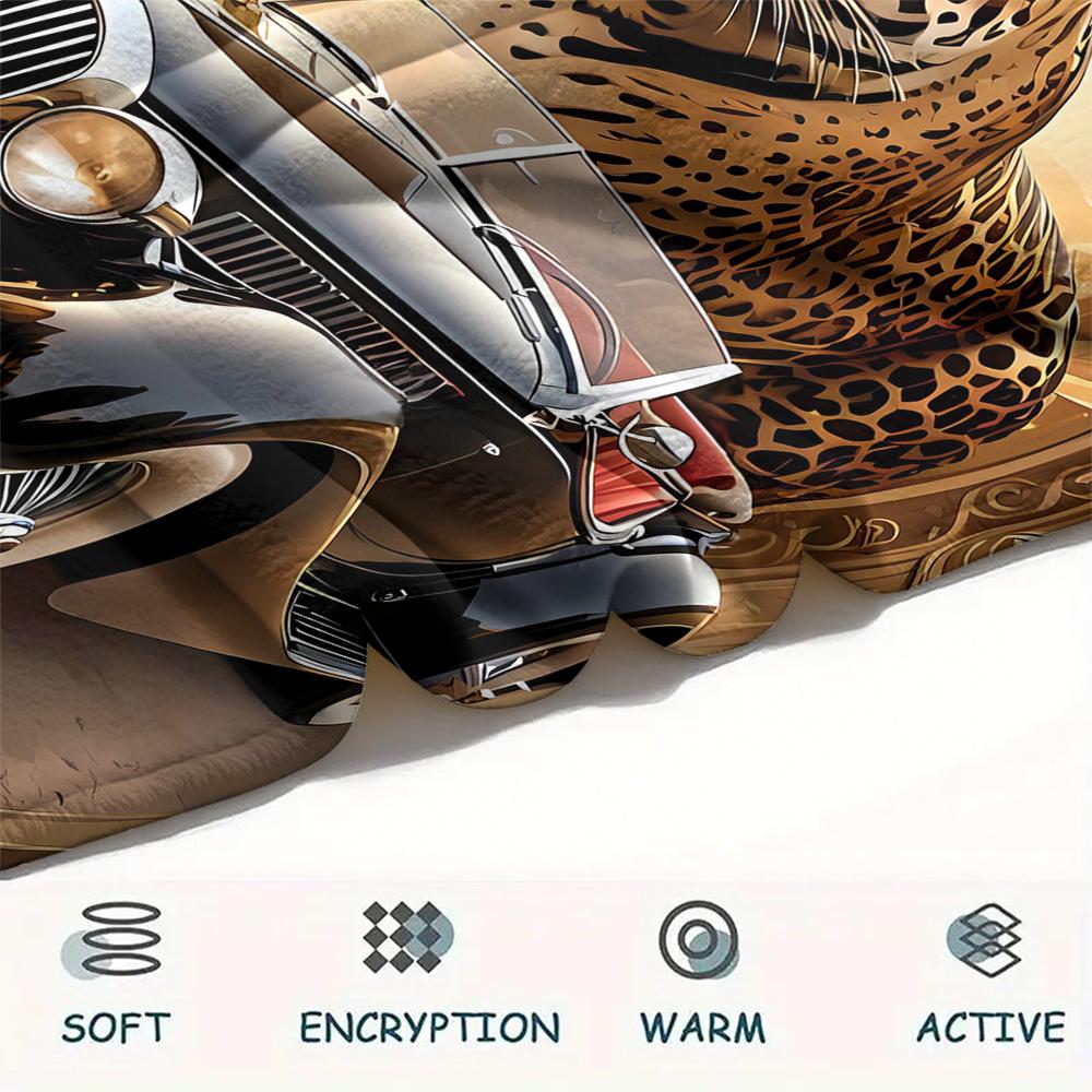 1Pc Leopard and Car Print Flannel Blanket, High Quality Comfortable for All Seasons, Home Decor, Warmth and Comfort, Perfect for Gifts